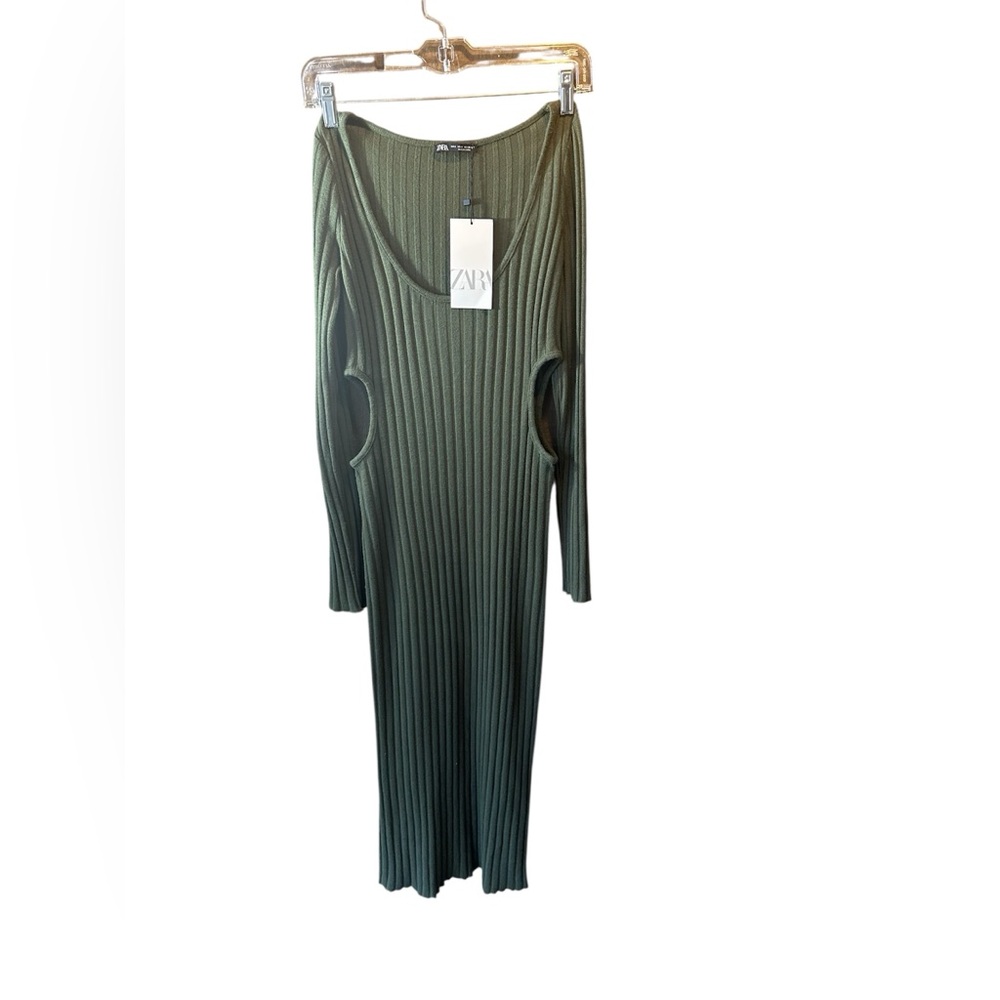 ZARA Green Olive Cut out Waist Long Sleeve Dress